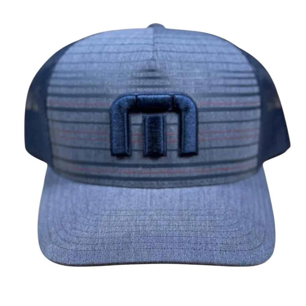 Travis Mathew Cap Navy Blue Gray‎ Snapback 5 Panel Golf Hat Mens EUC